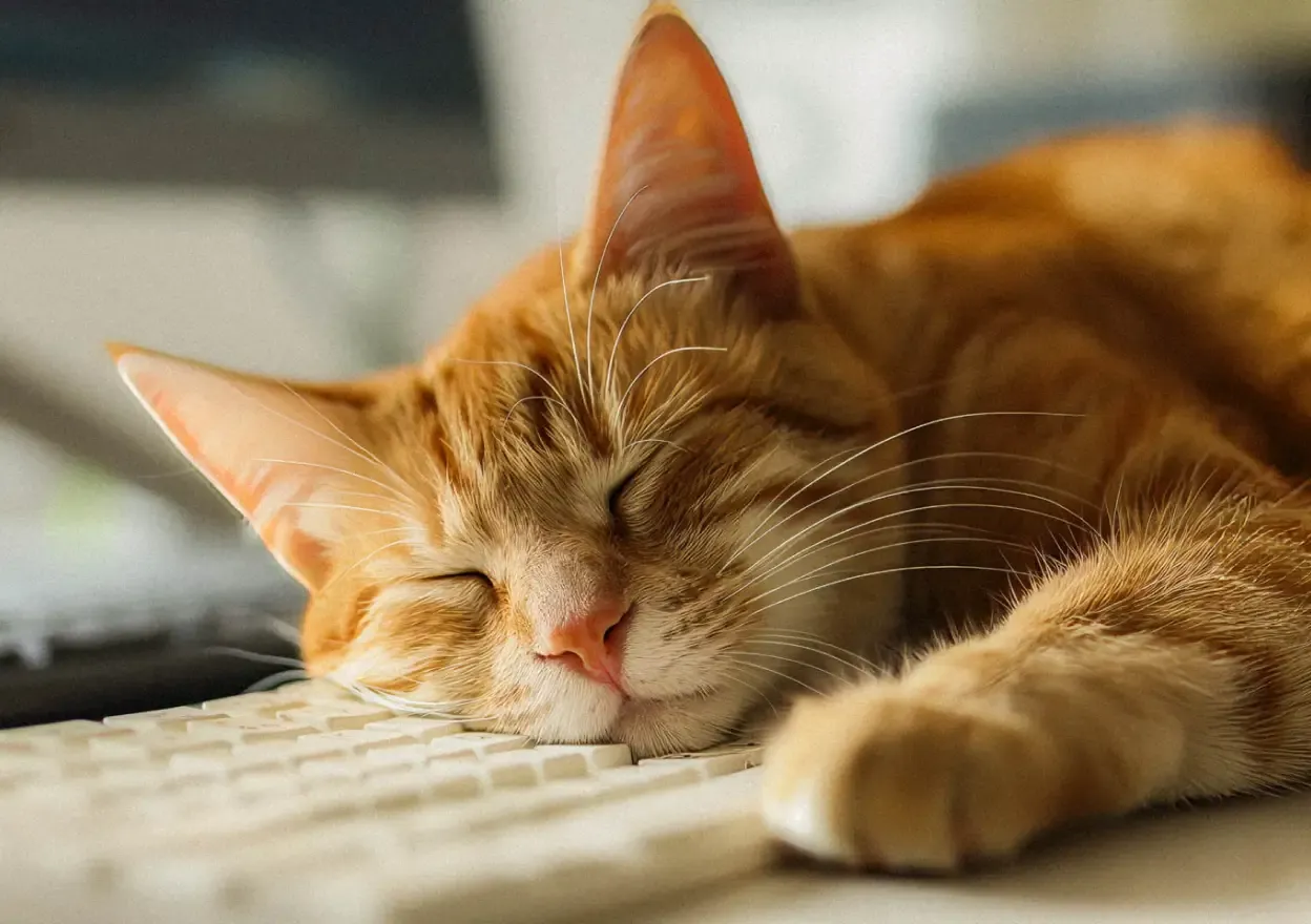 An adorable sleeping tabby cat rests its head on a keyboard